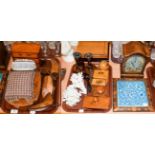 Various treen and other wooden items including miniature chest of drawers, candlesticks, shoe trees,
