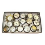 A selection of nickel plated and other plated open faced pocket watches, signed Walthan, Elgin,