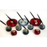 Whitefriars - Seven Parker Pen Holder Glass Bubble Paperweights, in ruby, arctic blue and ocean