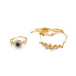 A 9 carat gold diamond necklace, length 40cm and a 9 carat gold sapphire and diamond cluster ring,