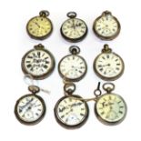 Nine open faced silver pocket watches, some stamped with English hall marks and Continental silver