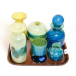 Six pieces of Mdina glass, including vases, a bottle and stopper, goblet and a jug, three signed,