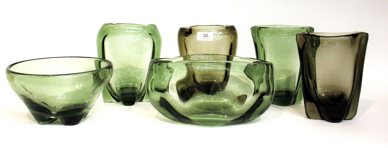 Whitefriars - James Hogan and William Wilson: Six Lobed Glass Vases and Bowls, in sea green and