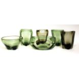 Whitefriars - James Hogan and William Wilson: Six Lobed Glass Vases and Bowls, in sea green and