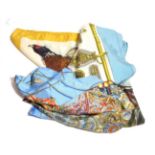 Hermes silk scarf Les Domes Celestes with a corn flower blue ground, another Harness Des