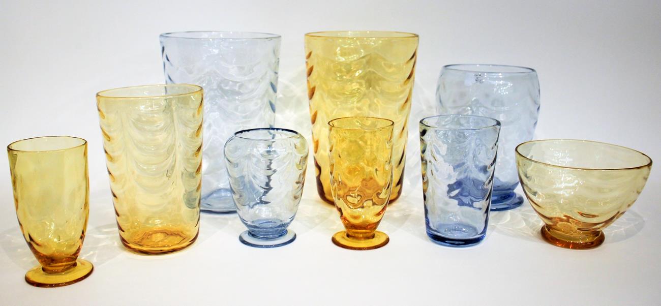 Whitefriars - A Group of Wave-Ribbed Glass Vases and Bowls, in gold amber and sapphire, various
