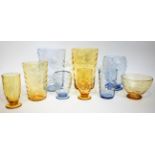 Whitefriars - A Group of Wave-Ribbed Glass Vases and Bowls, in gold amber and sapphire, various