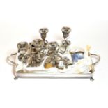 A collection of silver and silver plate including boxes, a tray and a pair of candelabra (qty)