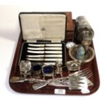 A mahogany jewellery box, silver pocket watch, silver fruit knives, silver plated fish slice and