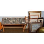 An interesting glass topped specimen table on later base comprising various trinkets and