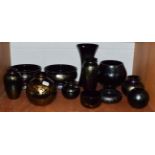 A group of Royal Brierley studio range art glass in blue/black/purple iridescent, including vases