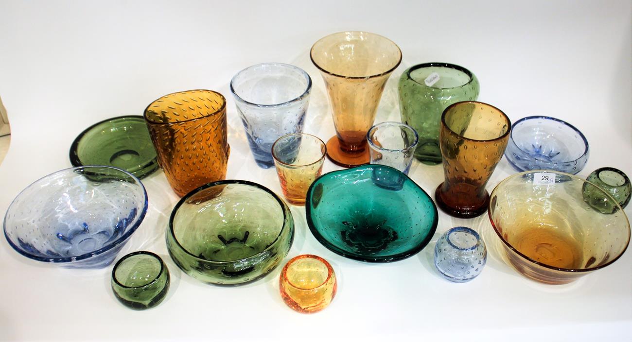 Whitefriars - William Wilson: A Group of Bubble Range Glass Bowls and Vase, various colours,