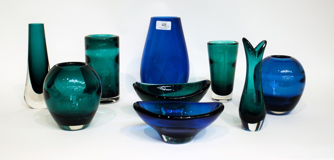 Whitefriars - Geoffrey Baxter: An Ovoid Glass Vase, cased blue, pattern 9518, 13.5cm and nine