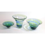 A 1930's Steven and Williams (Royal Brierley) rainbow glass vase and two bowls, with blue and