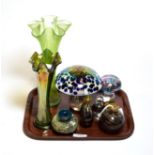 Two mushroom paperweights, scent bottles, Mdina vase, etc