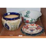 Royal Doulton jardiniere (opening 17.5cm, 17.5cm high), Royal Doulton plate, Imari plate and a