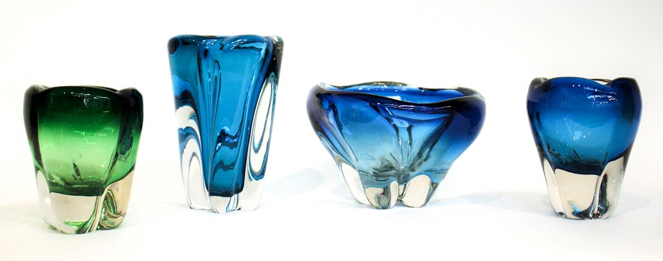 Whitefriars - Two Lobed Glass Vases, in kingfisher blue and meadow green, pattern 9411, 14.5cm and