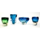 Whitefriars - Two Lobed Glass Vases, in kingfisher blue and meadow green, pattern 9411, 14.5cm and