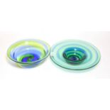 Two 1930's Steven and Williams (Royal Brierley) Rainbow Glass Bowls, with blue and green spiral