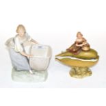 A Royal Dux figure of a girl with a basket and another of a girl with a water jug resting on a shell