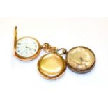 A silver open faced pocket watch and two gold plated full hunter pocket watches signed Elgin and