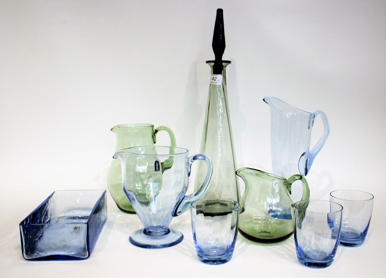 Whitefriars - A Lemonade Jug and Three Tumblers, in sapphire blue, 9.5cm and 27cm a water jug and