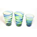 Three 1930's Steven and Williams (Royal Brierley) Rainbow Tumbler Glass Vases, with blue and green