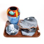 A Poole volcano pattern vase, four items of Jill Alexander studio pottery (5)