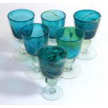 Eric Dobson for Mdina, six sea and sand goblets, in blue and yellow, clear knop, each signed Mdina