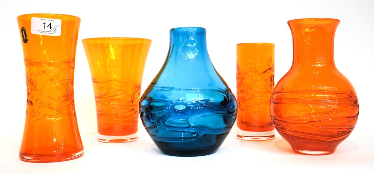 Whitefriars - Geoffrey Baxter: Four Random Strapping Glass Vases, in tangerine, pattern 9797/9798/