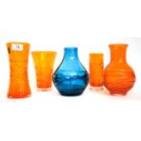 Whitefriars - Geoffrey Baxter: Four Random Strapping Glass Vases, in tangerine, pattern 9797/9798/