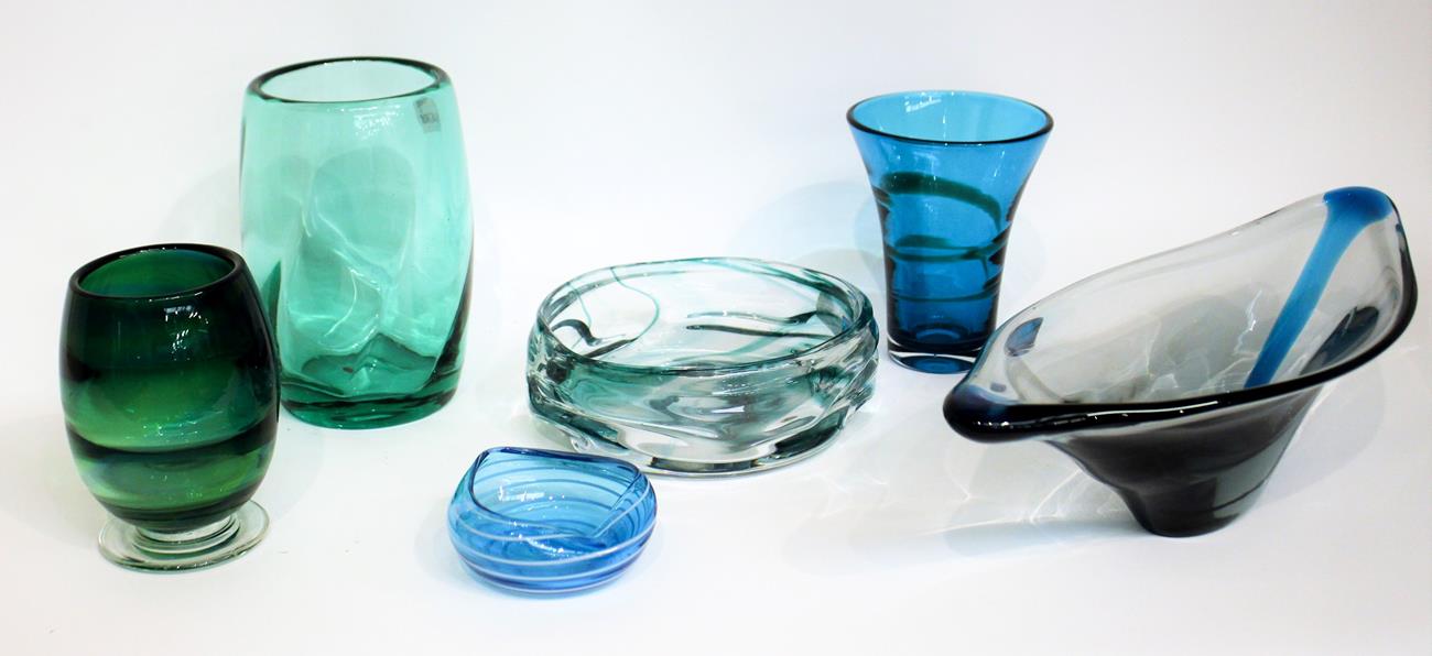 Whitefriars - A Twisted Vertical Ribbed Glass Vase, in green, 19.5cm and five other pieces, in blue,