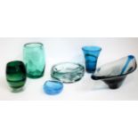 Whitefriars - A Twisted Vertical Ribbed Glass Vase, in green, 19.5cm and five other pieces, in blue,