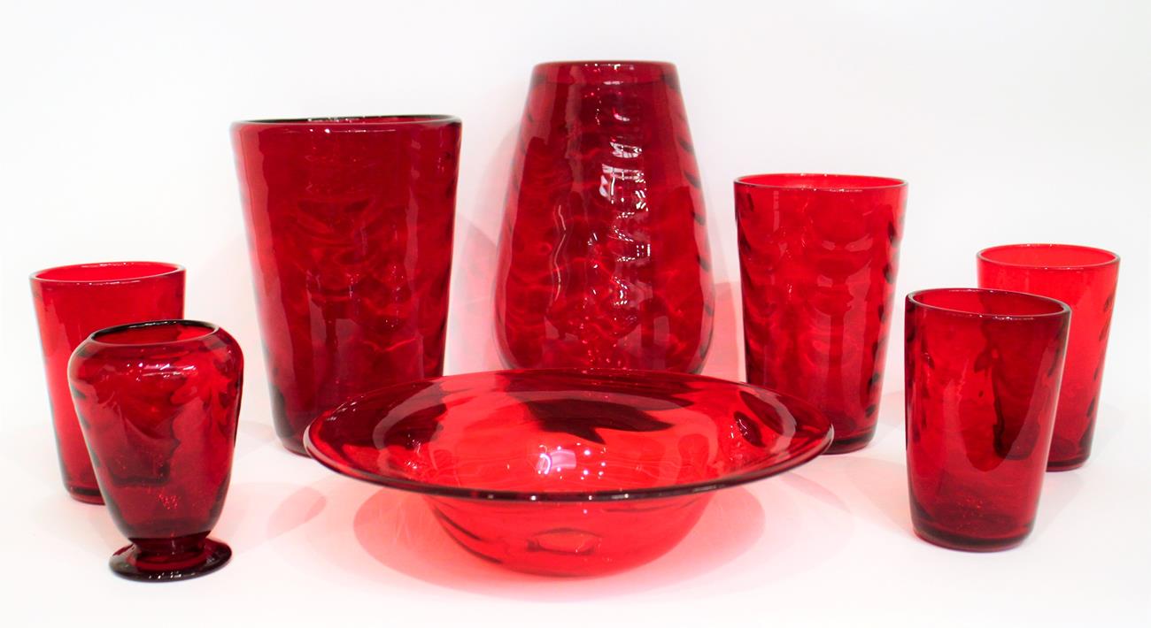 Whitefriars - A Group of Wave Ribbed Glass Vases and Bowl, in ruby, including tumbler vases, pattern