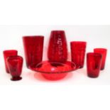 Whitefriars - A Group of Wave Ribbed Glass Vases and Bowl, in ruby, including tumbler vases, pattern