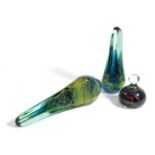 Two large Mdina glass obelisk paperweights, in blue, green and yellow, unmarked, 24cm and 33cm and