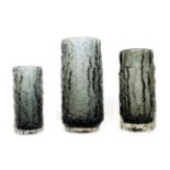 Whitefriars - Geoffrey Baxter: A Trio of Textured Range Cylindrical Bark Glass Vases, in willow