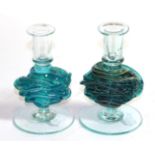 Two Mdina trailed knop candlesticks, in blue, yellow and turquoise, one signed Mdina, 15.5cm high