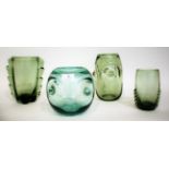 Whitefriars - Two Glass Vases, with bosses, in emerald green and green, pattern 9120 and 9121, 16.