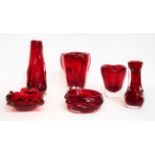 Whitefriars - Two Lobed Glass Vases, in ruby, pattern 9411, 13.5cm and 18.5cm and four other
