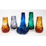 Whitefriars - William Wilson and Harry Dryer: Six Knobbly Range Glass Lamp Bases, Vases and Bowl, in