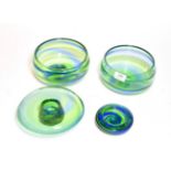 Four 1930's Steven and Williams (Royal Brierley) Rainbow Glass Bowls, with blue and green spiral