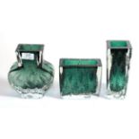 Three cased glass vases, signed J.G 3078/3081/3084, textured emerald green and clear