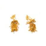 A pair of drop earrings, indistinctly marked, length 5.8cm (a.f.). Gross weight 18.93 grams.