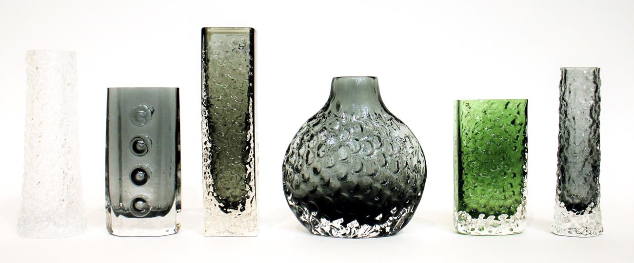 Whitefriars - Geoffrey Baxter: Six Textured Range Glass Vases, in pewter, willow, flint and meadow