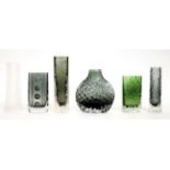 Whitefriars - Geoffrey Baxter: Six Textured Range Glass Vases, in pewter, willow, flint and meadow
