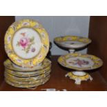 A late 19th century German yellow ground part dessert service comprising two stands and six plates