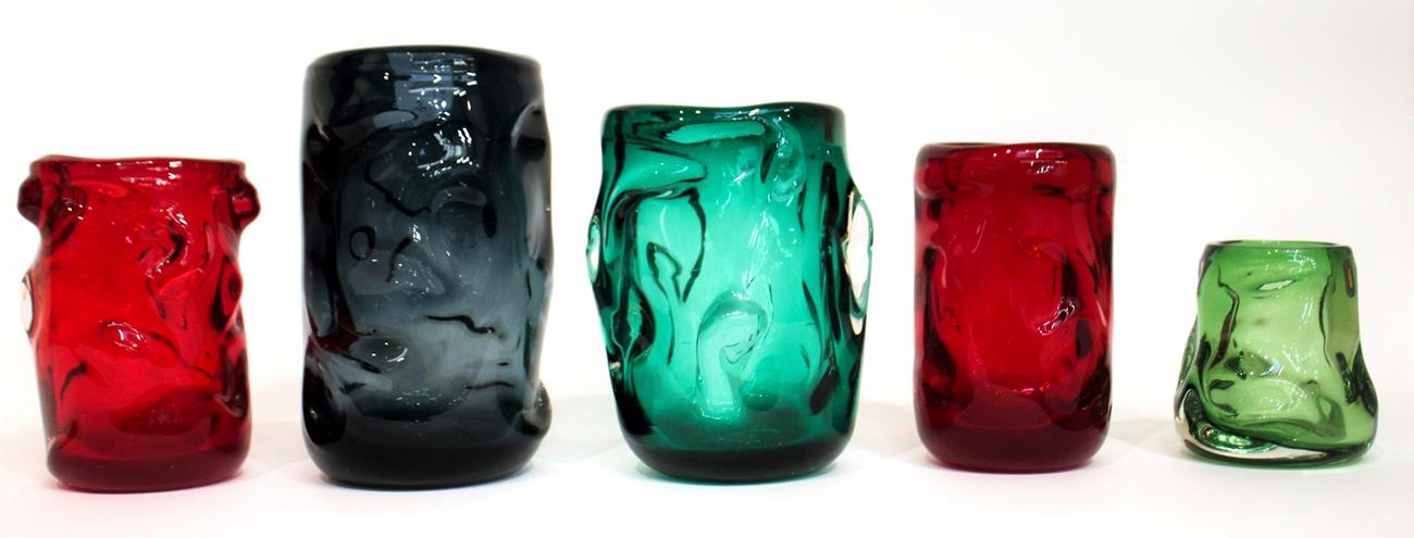 Whitefriars - William Wilson and Harry Dryer: Five Knobbly Range Glass Vases, in meadow green, ruby,