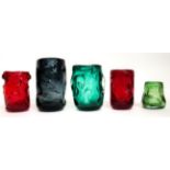 Whitefriars - William Wilson and Harry Dryer: Five Knobbly Range Glass Vases, in meadow green, ruby,