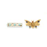 A gem-set butterfly brooch, unmarked, length 3.2cm and an enamel and turquoise brooch, stamped '
